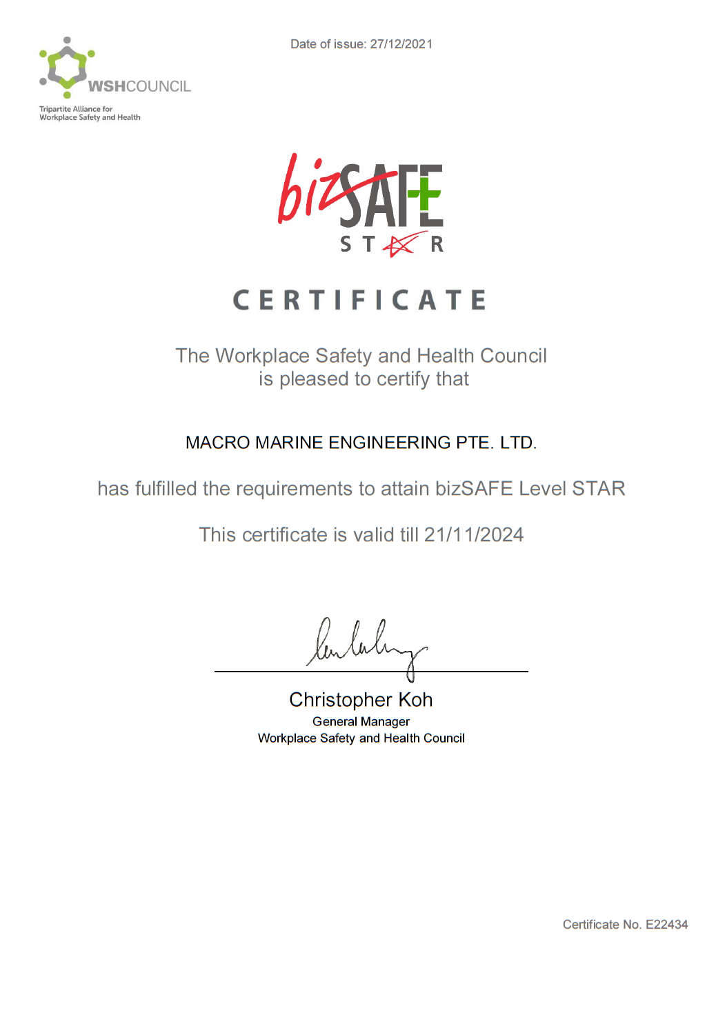 Biz Safe Certification for Macro Marine Biz Safe Certification for Macro Marine